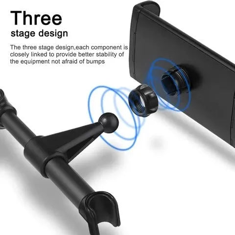 Black universal car phone holder mounted on vehicle rear seat base holding tablet