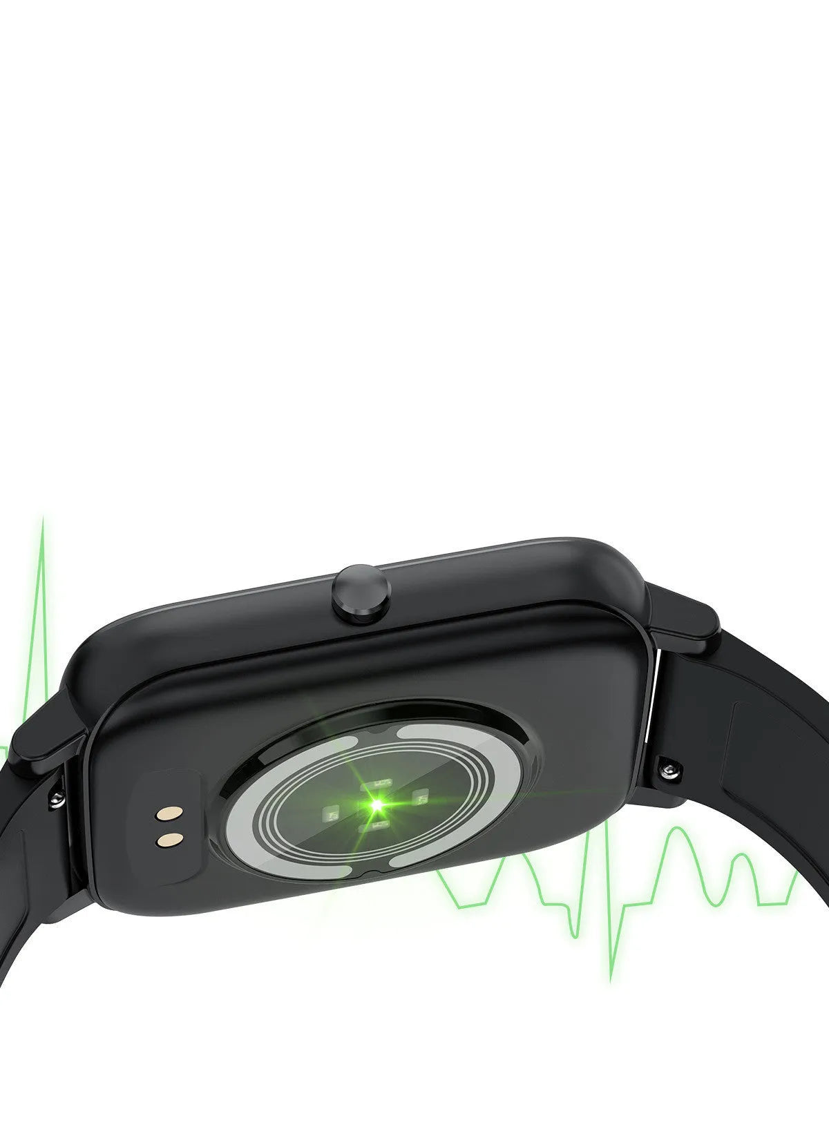 H80 smartwatch in black on a wrist, showing a heart rate graph on its 1.69-inch spherical glass screen.