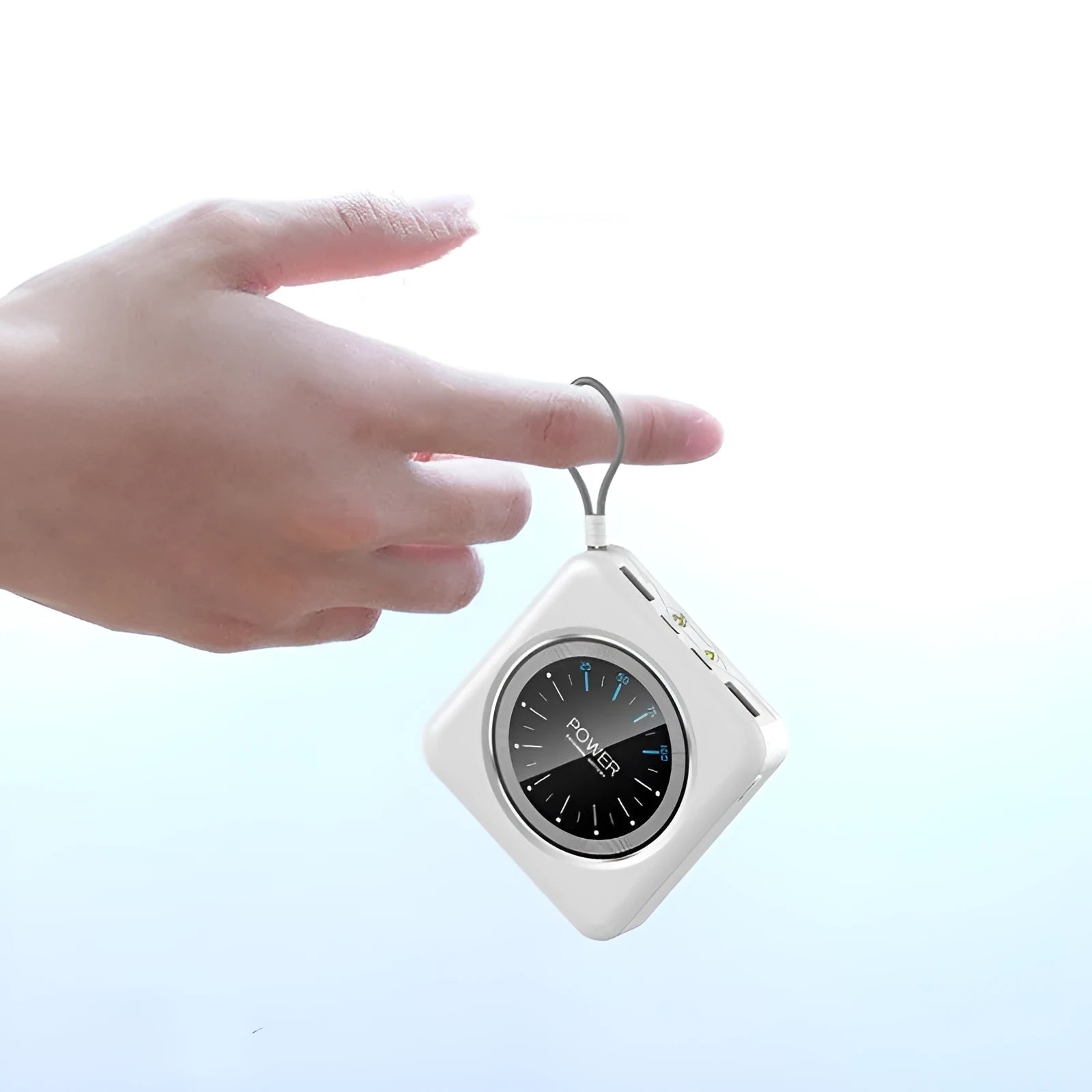 Compact mint green Mini Clock Charger power bank with alloy case showing multi-USB ports.