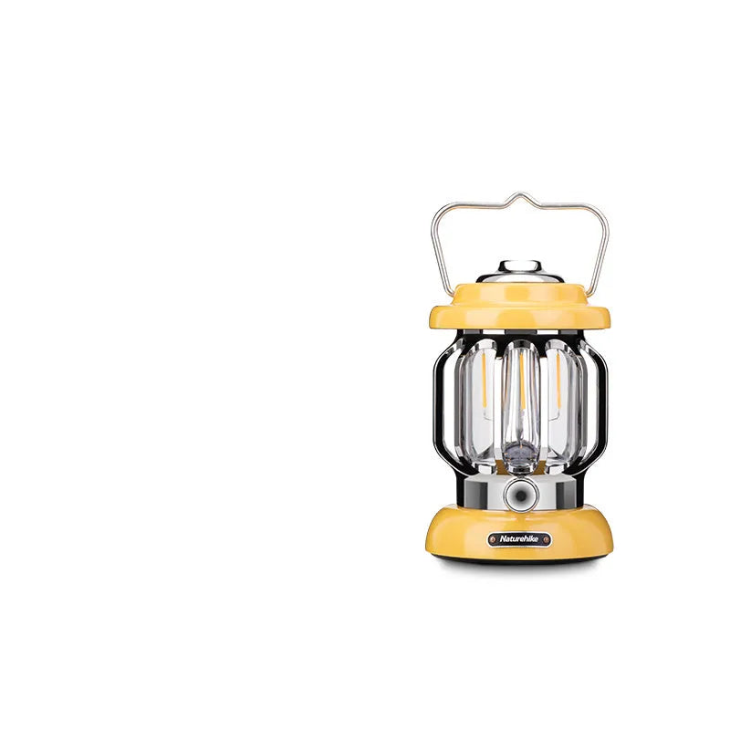 Rechargeable camping lantern in Sundial Yellow with iron and ABS construction, Type-C charging, 5000mAh battery, and 130 lumens adjustable brightness