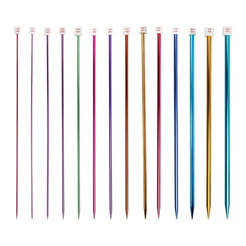 Lengthened crochet hook set showing multiple sizes from 2.0mm to 10.0mm, each with a protective cap.