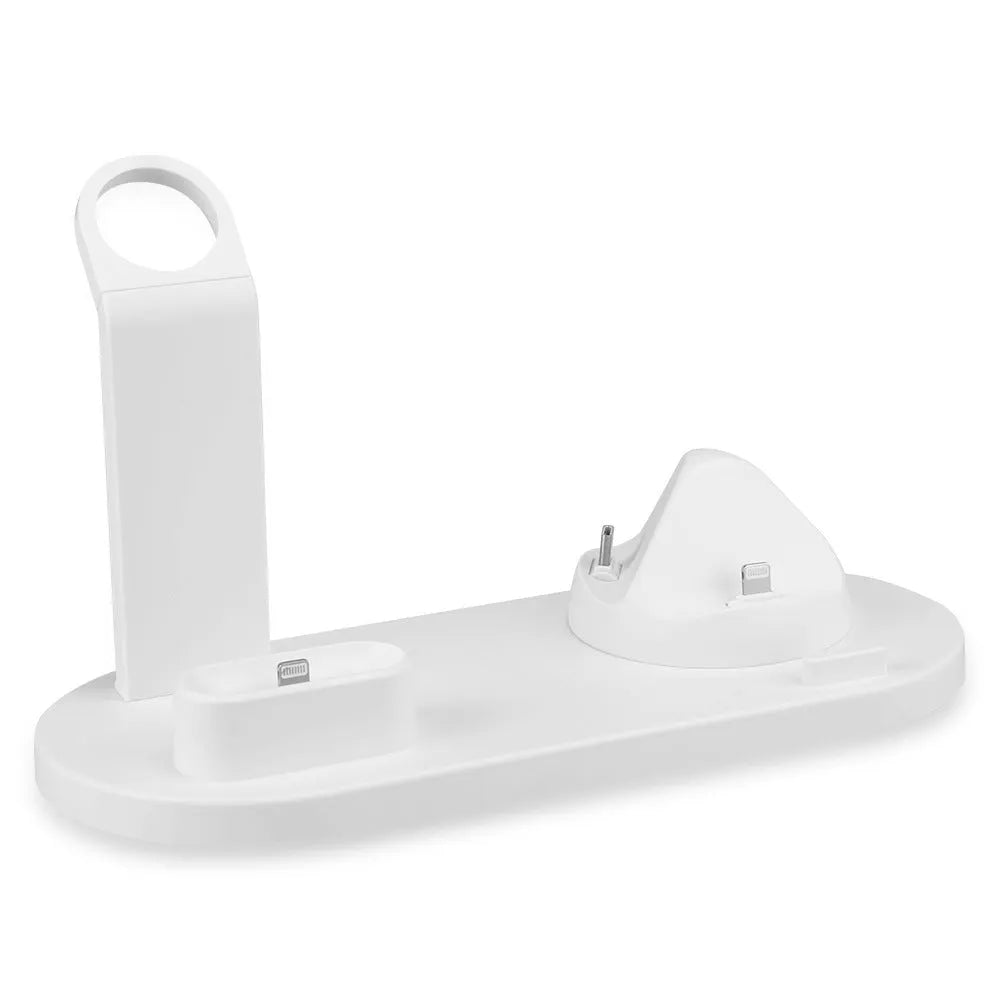 White or black plastic headphone charging stand with a USB port for phones.