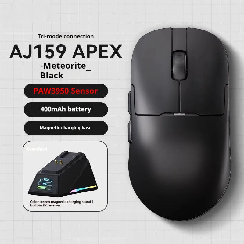 AJ159 tri-mode gaming mouse in various colours showing compact design with PAW3395 sensor