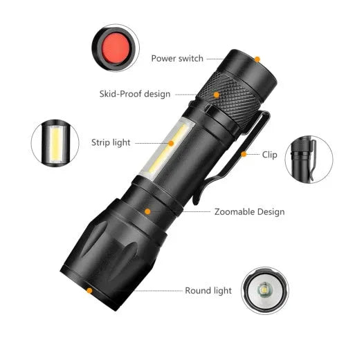 Black aluminium alloy telescopic LED flashlight with adjustable focus and carrying clip