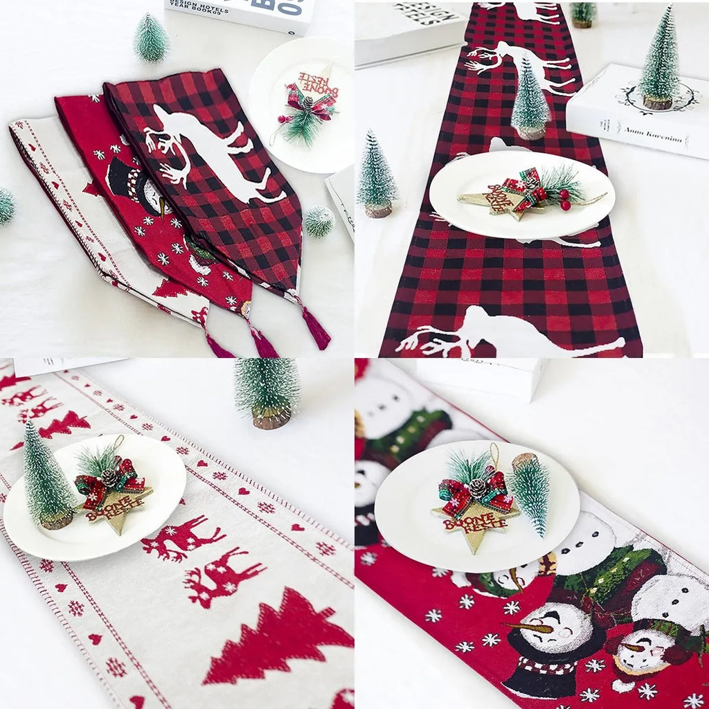 Christmas table runner with elk and snowman pattern on cotton linen fabric