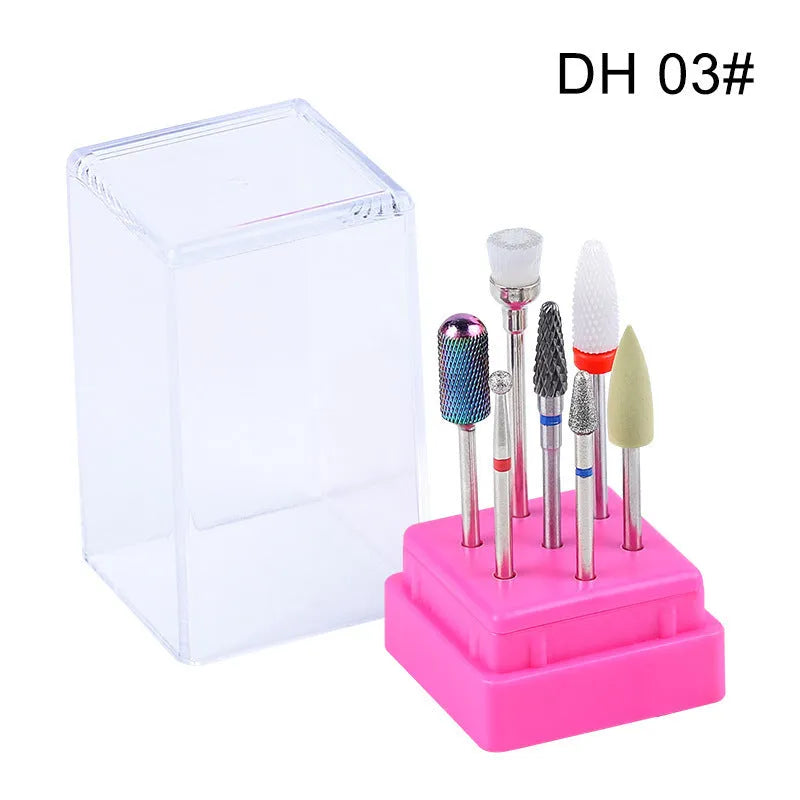 Tungsten steel nail drill bit set with six bits and one brush in a transparent case