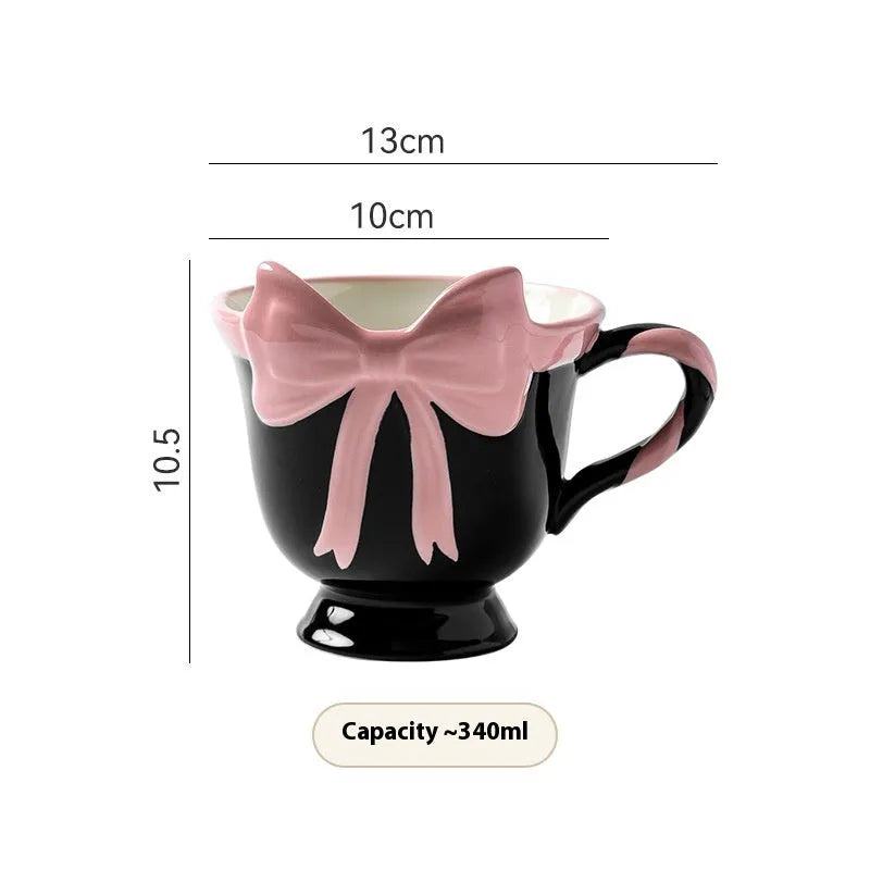 Ceramic heart bow mug in black pink or white powder colour with 340ml capacity