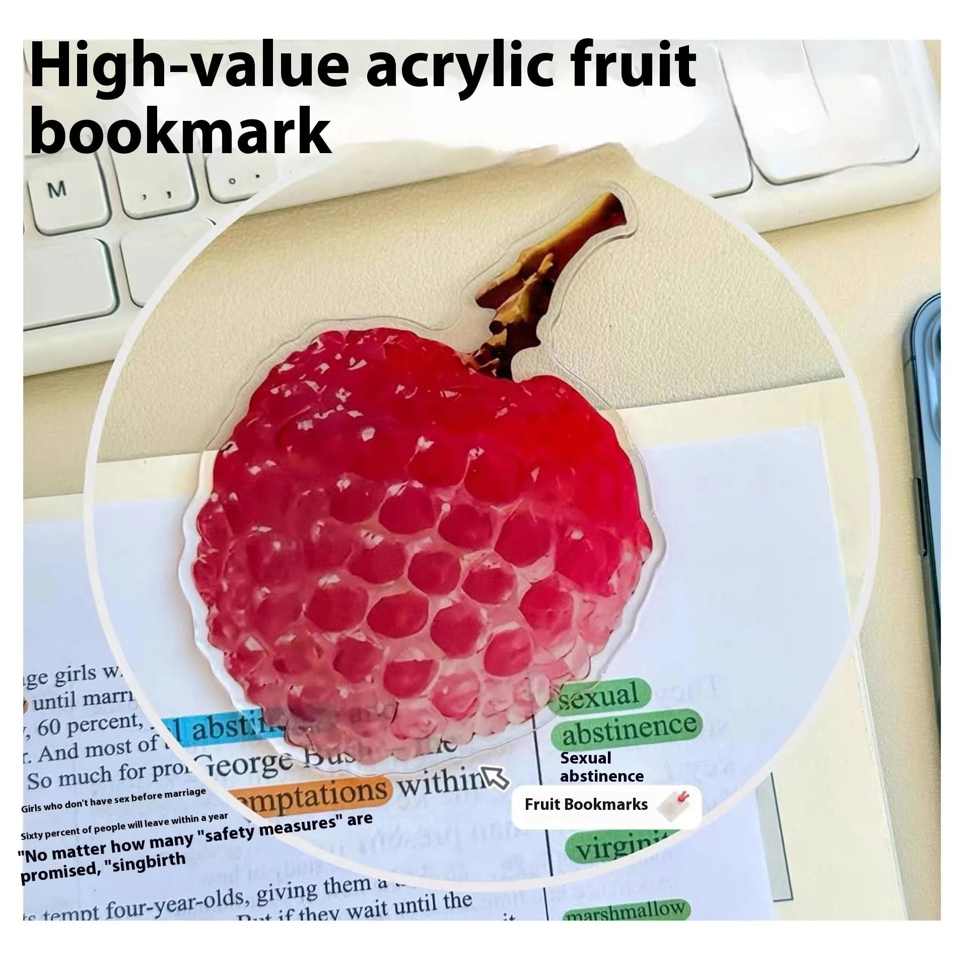 Transparent plastic fruit shaped bookmark with fixed clip, watermelon red colour, 8-10cm size