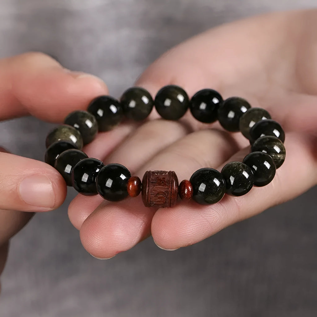 Vintage golden obsidian life bracelet with hand-woven 10mm round beads in a unisex national style design.