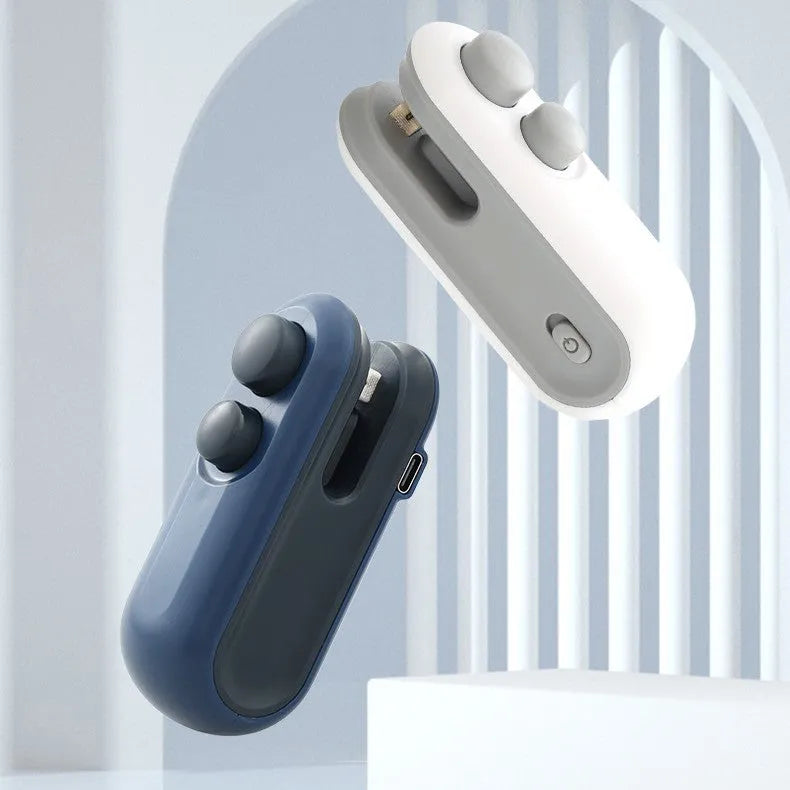 Blue and white handheld USB rechargeable heat sealer for sealing chip bags and food storage