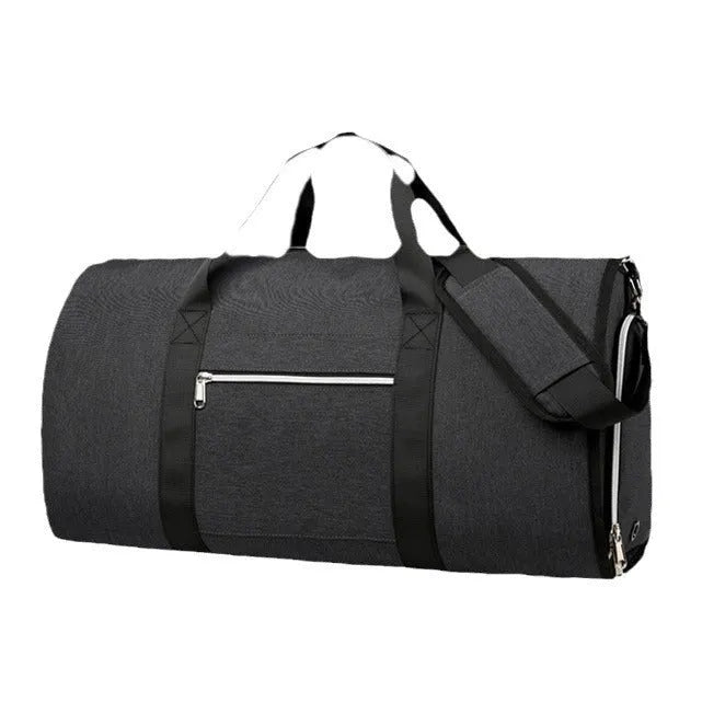 Oxford cloth sports storage bag in black with dry wet separation compartment and waterproof lining.