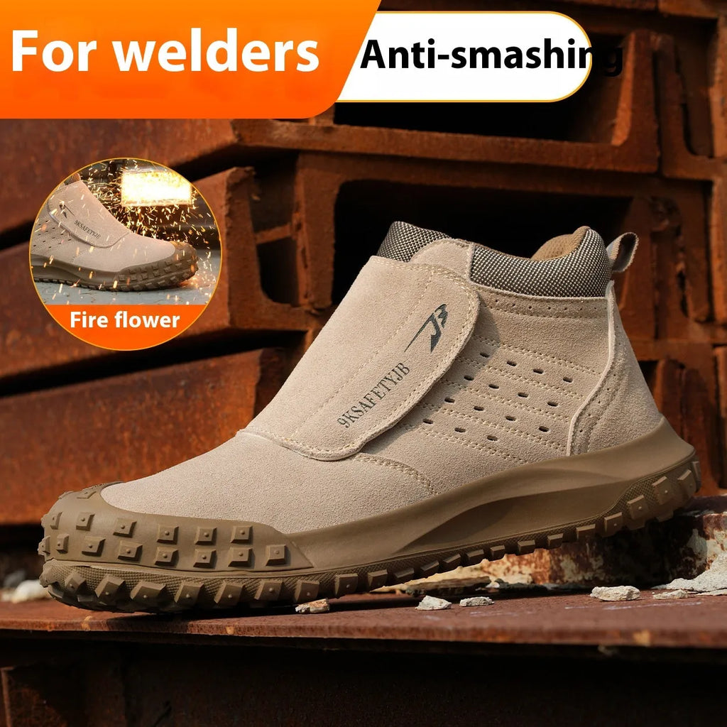 Lightweight grey sand coloured safety shoes with steel toe cap and lace-up front.