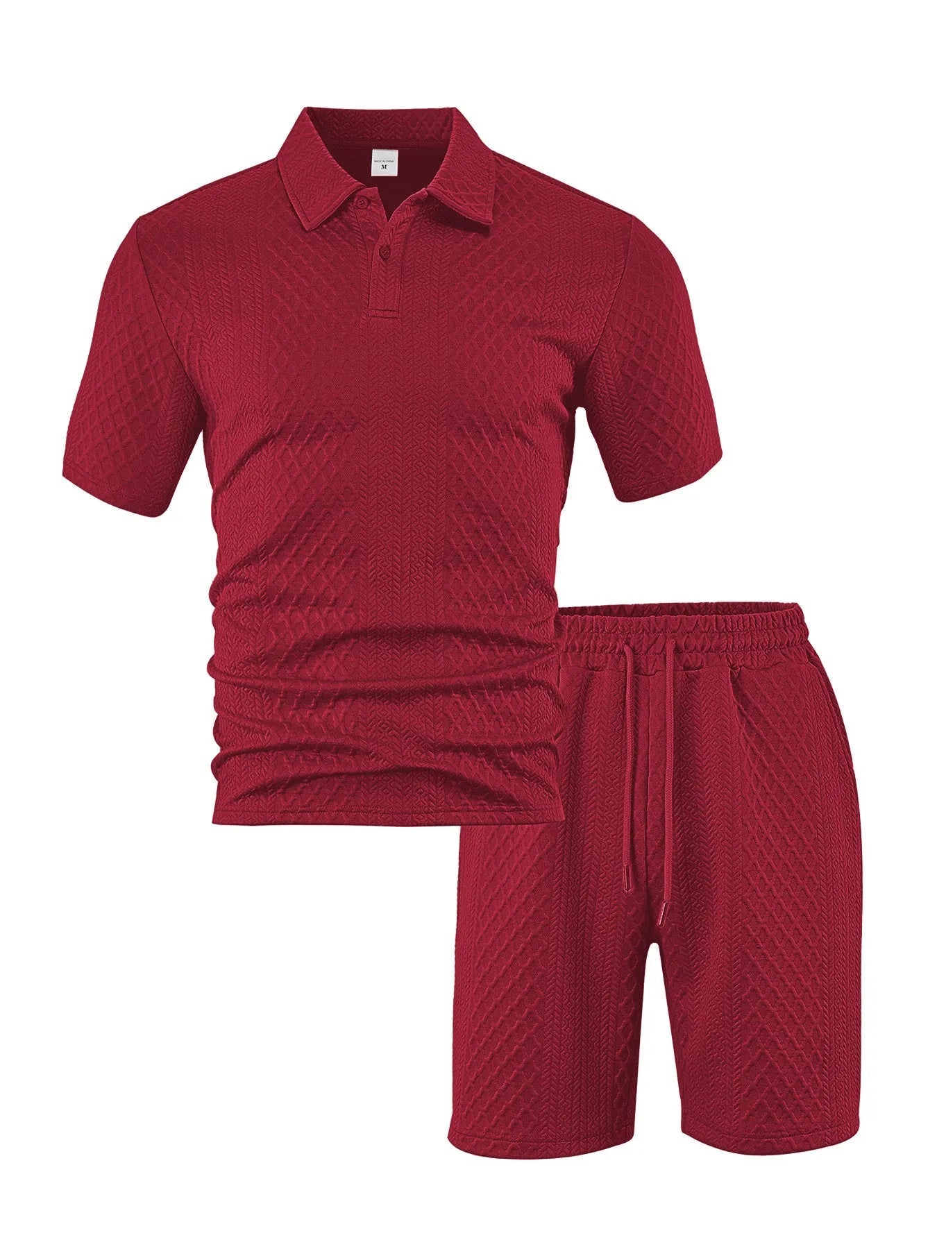 Men's patterned polyester casual suit with short-sleeve polo shirt and trousers in multiple colour options