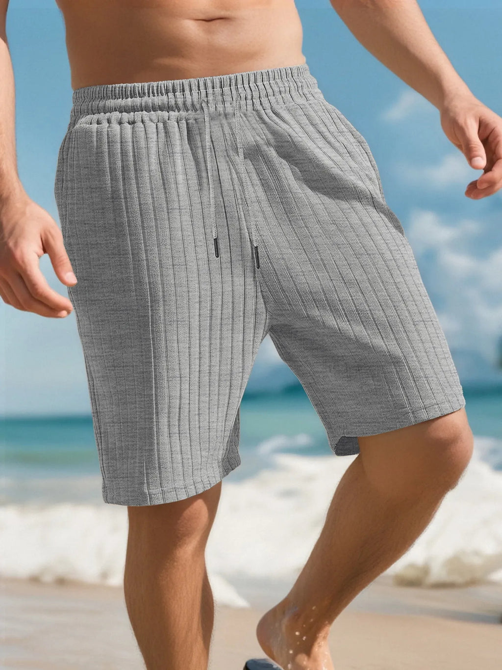 Men's striped linen sports shorts with multiple lace-detailed bags in seven colour options