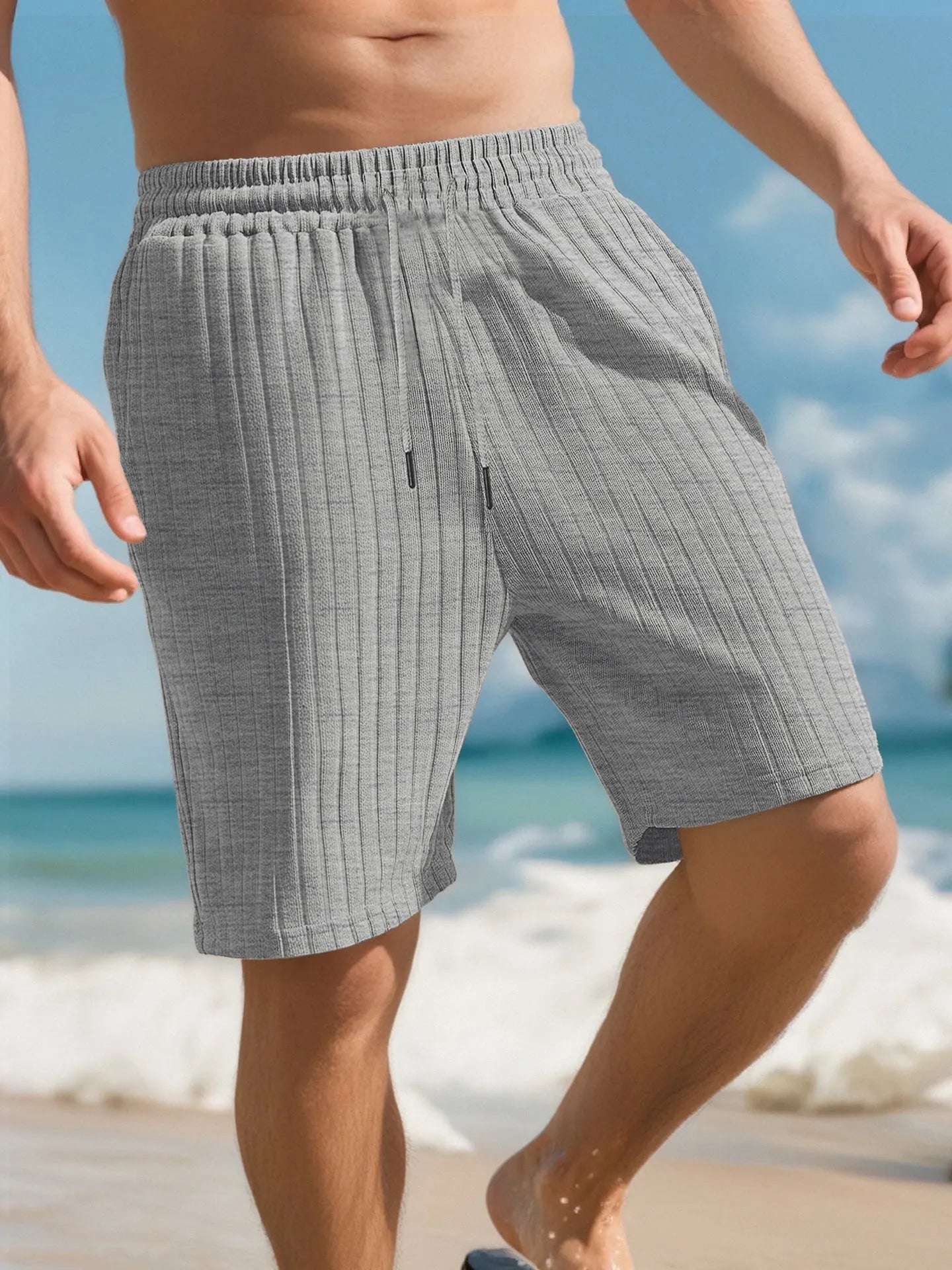 Men's striped linen sports shorts with multiple lace-detailed bags in seven colour options