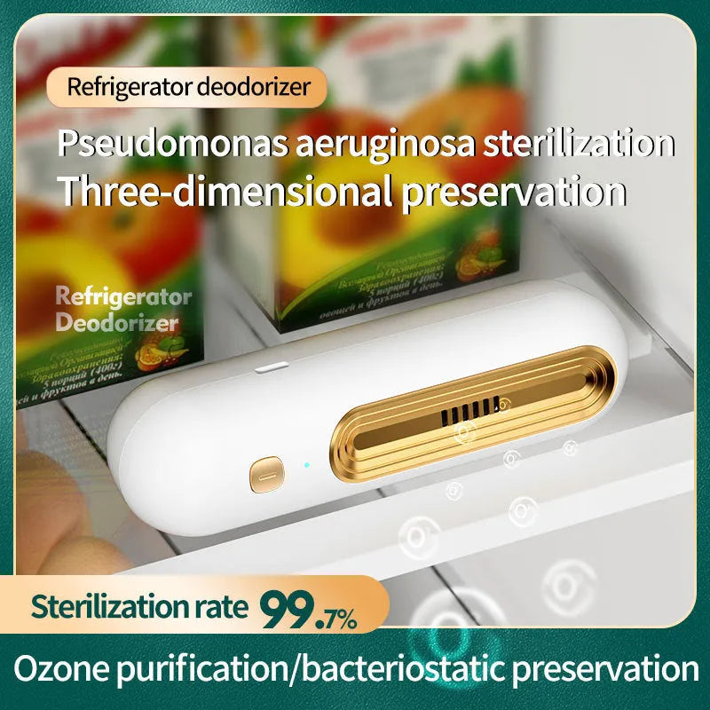 USB powered ozone refrigerator deodorizer in gold colour with quiet operation under 36dB for small spaces under 10 square metres
