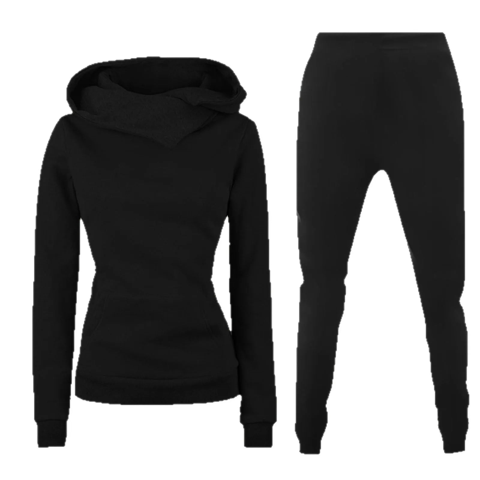 Ladies hooded sweater two-piece set in solid colour with long sleeves and jogger pants
