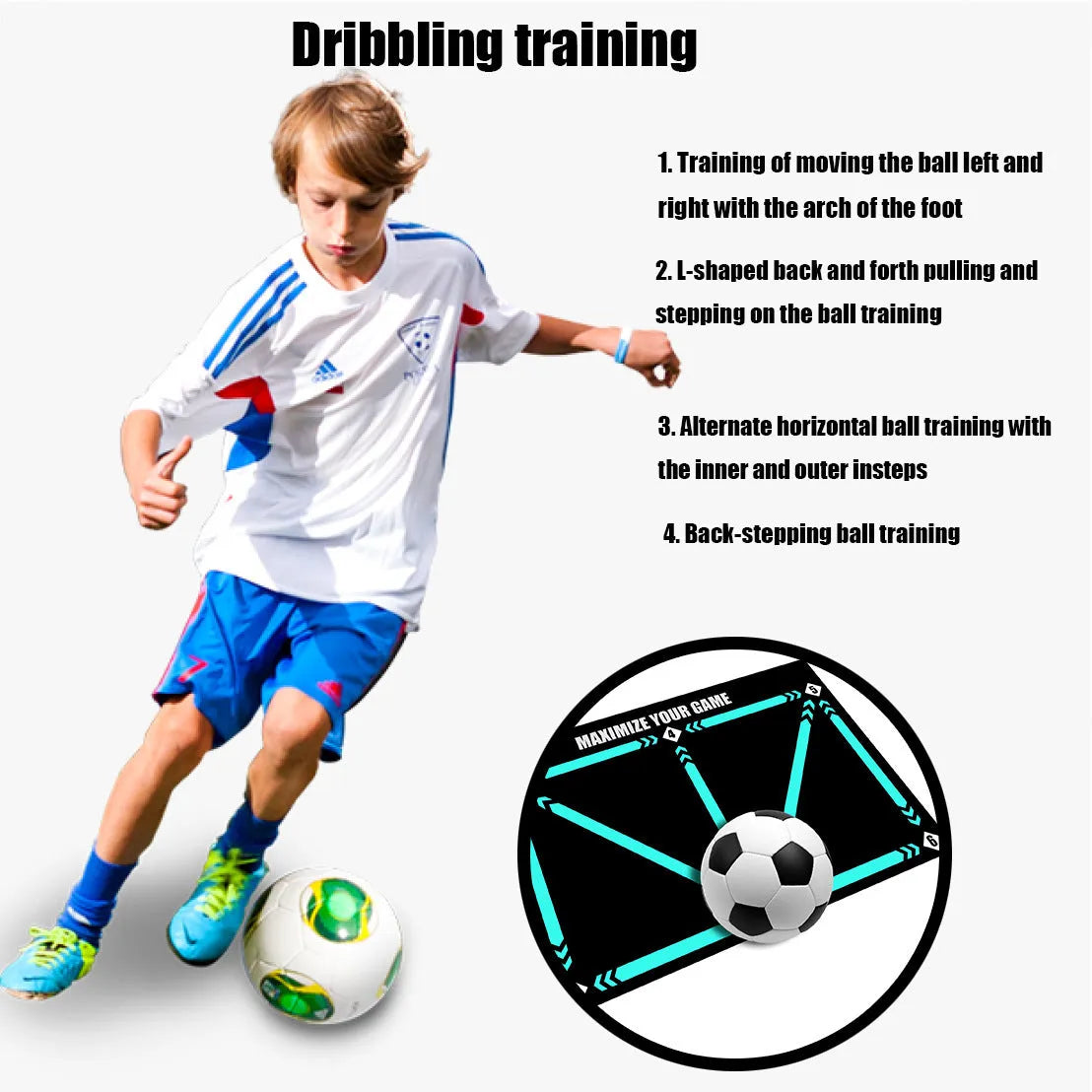 Black rubber football training mat measuring 60cm by 90cm on grass surface