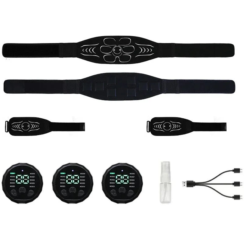 Silicone EMS belly shaping belt with muscle stimulator and hand and foot straps on orange background