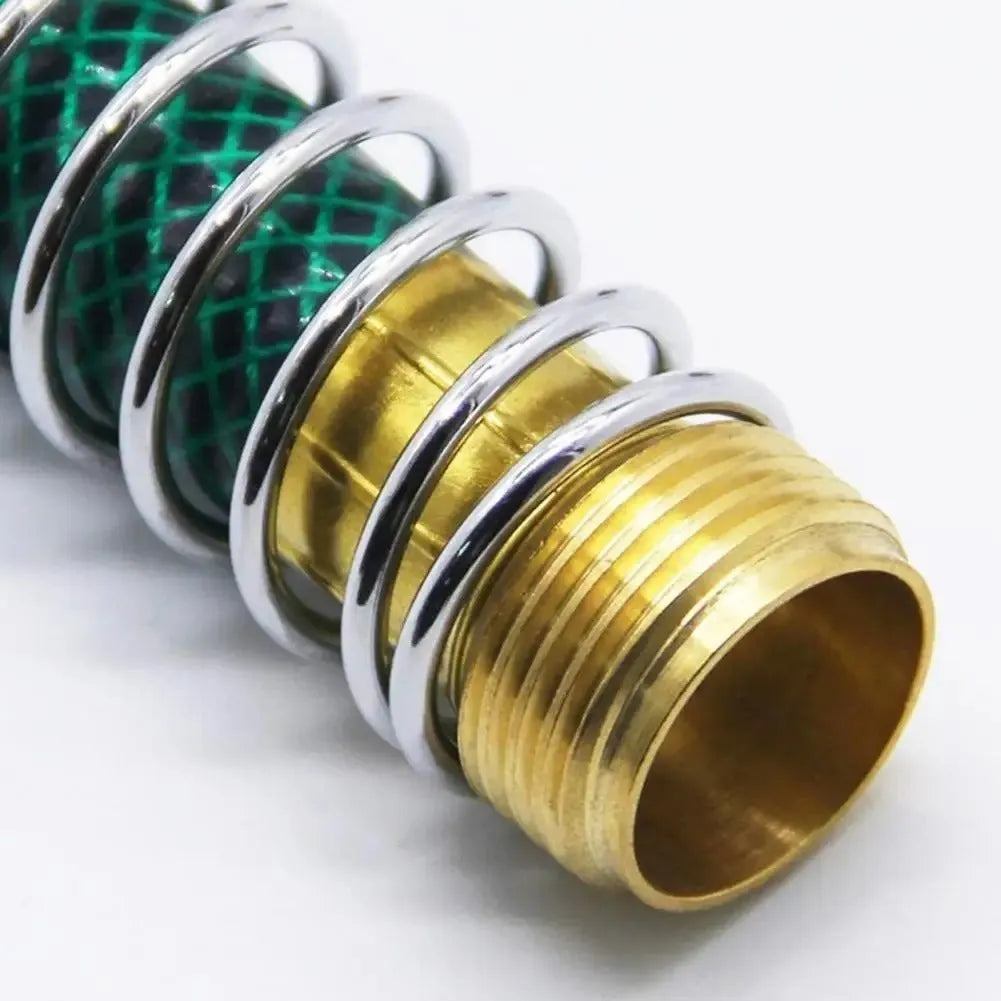 Brass garden hose connector with spiral spring measuring 15cm length