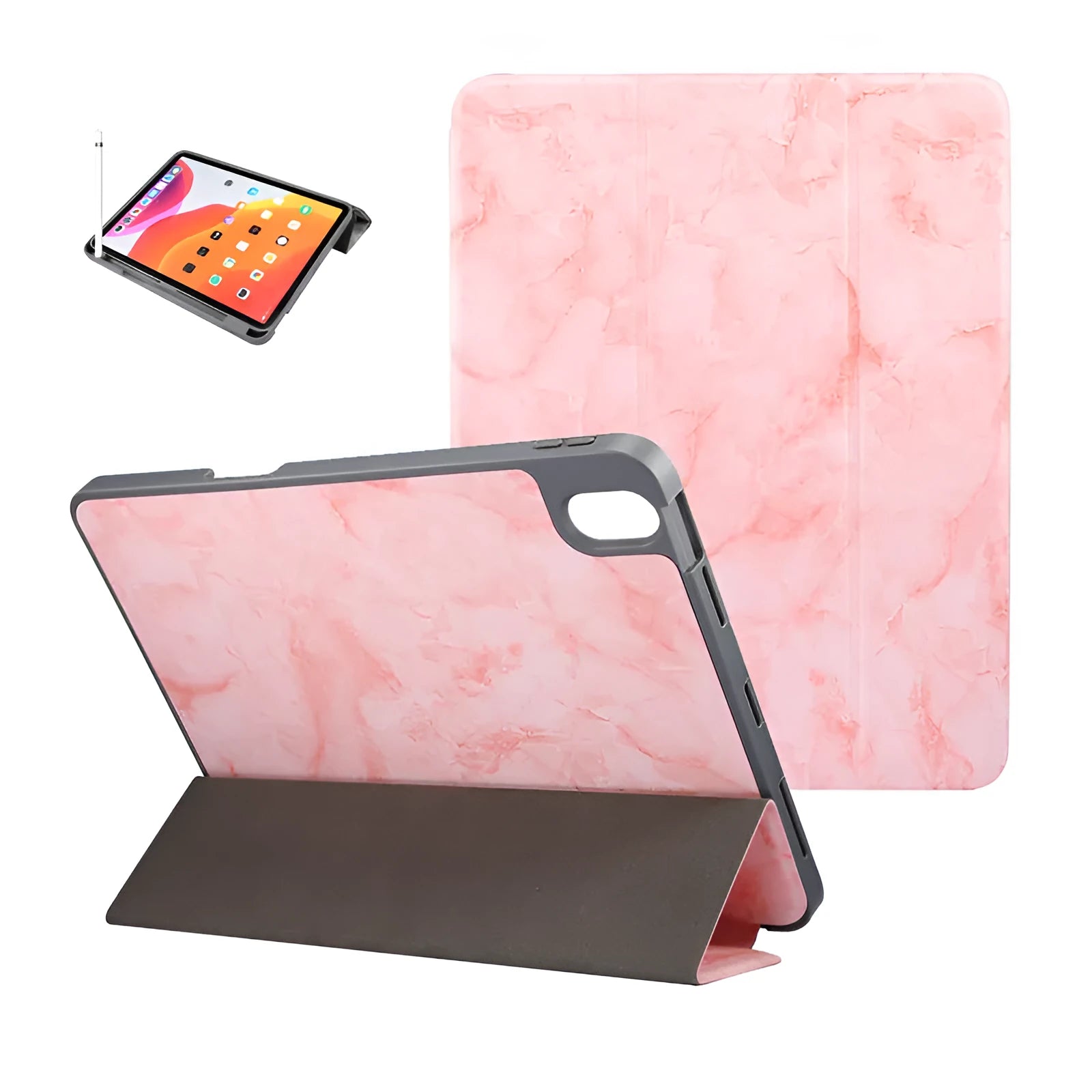 Tri-fold marbling design iPad case in dark grey with a visible pen slot on the side.