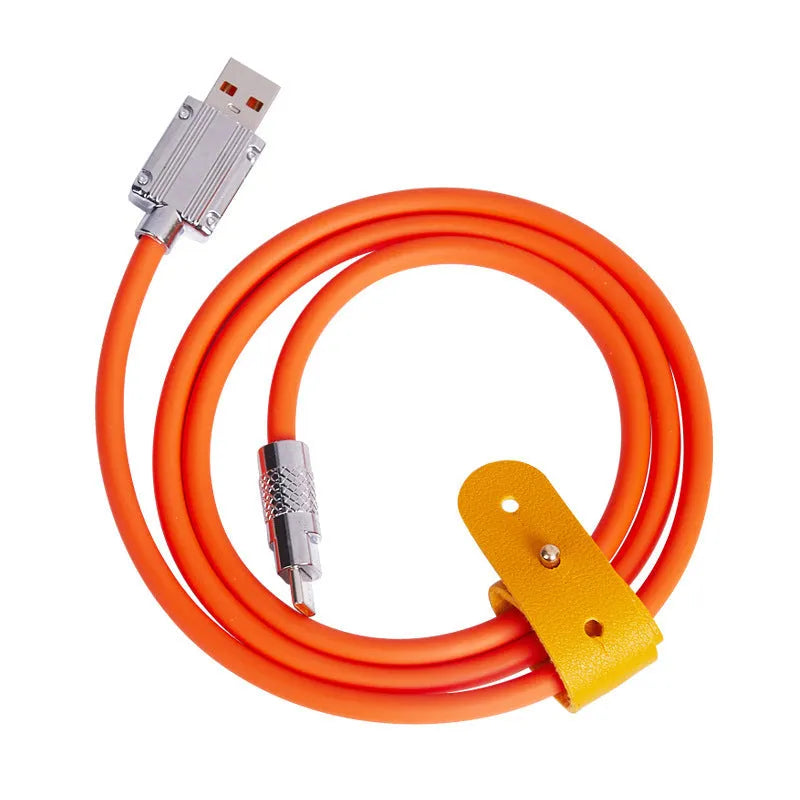 Orange zinc alloy fast charge data cable with Type-C, Micro USB and Lightning options, 0.3 m to 3 m lengths