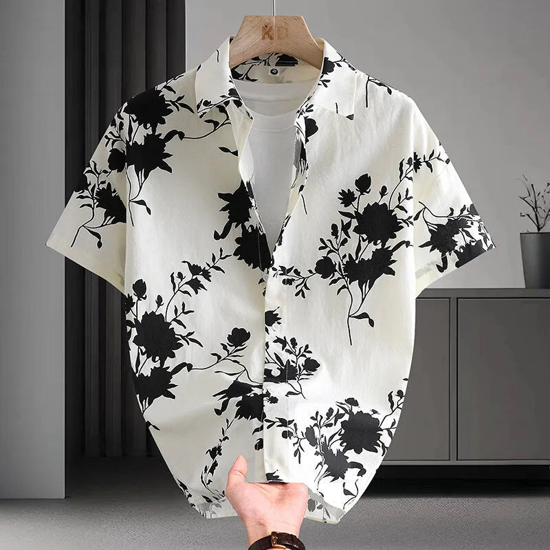 Men's floral print summer shirt with short sleeves and colourful Hawaiian pattern on cotton fabric