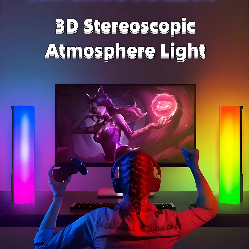 3D RGB music rhythm table lamp with voice control in black or white shell on a desk.