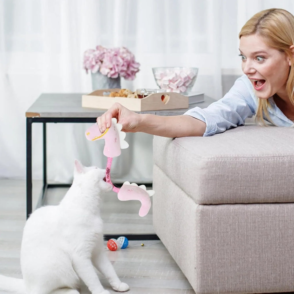 Set of four cat toys: plush chew toy, catnip rope, spring, and kicker toy on a pink background.
