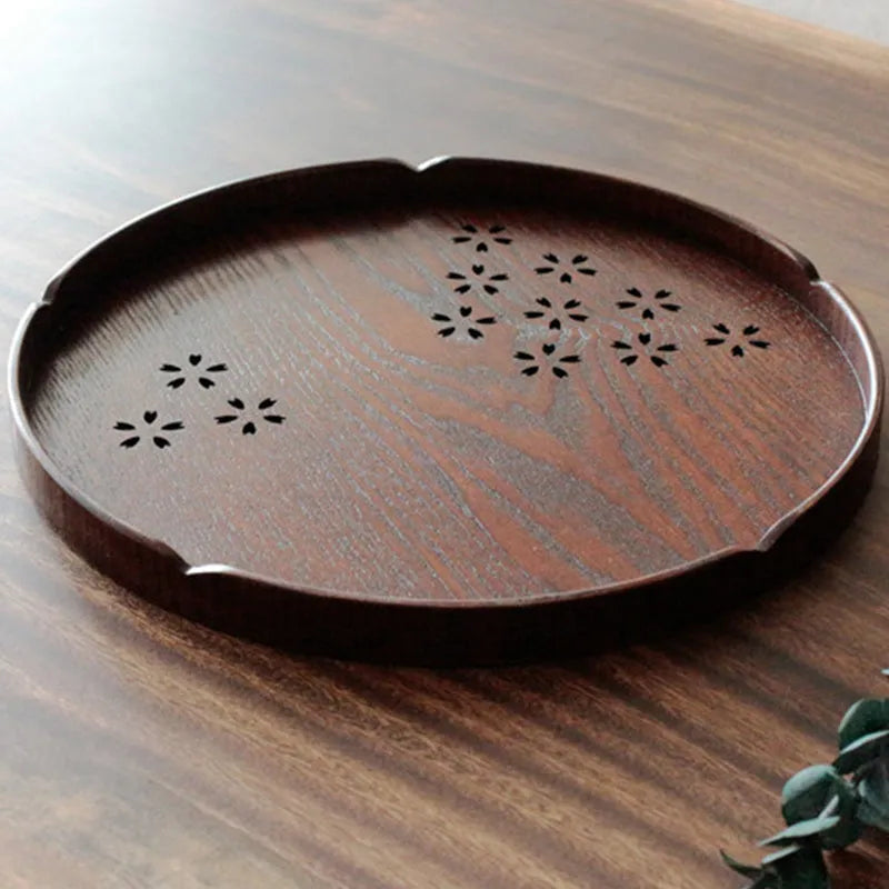 Wooden round plate with hollow sakura cherry blossom pattern, shallow 2cm depth.