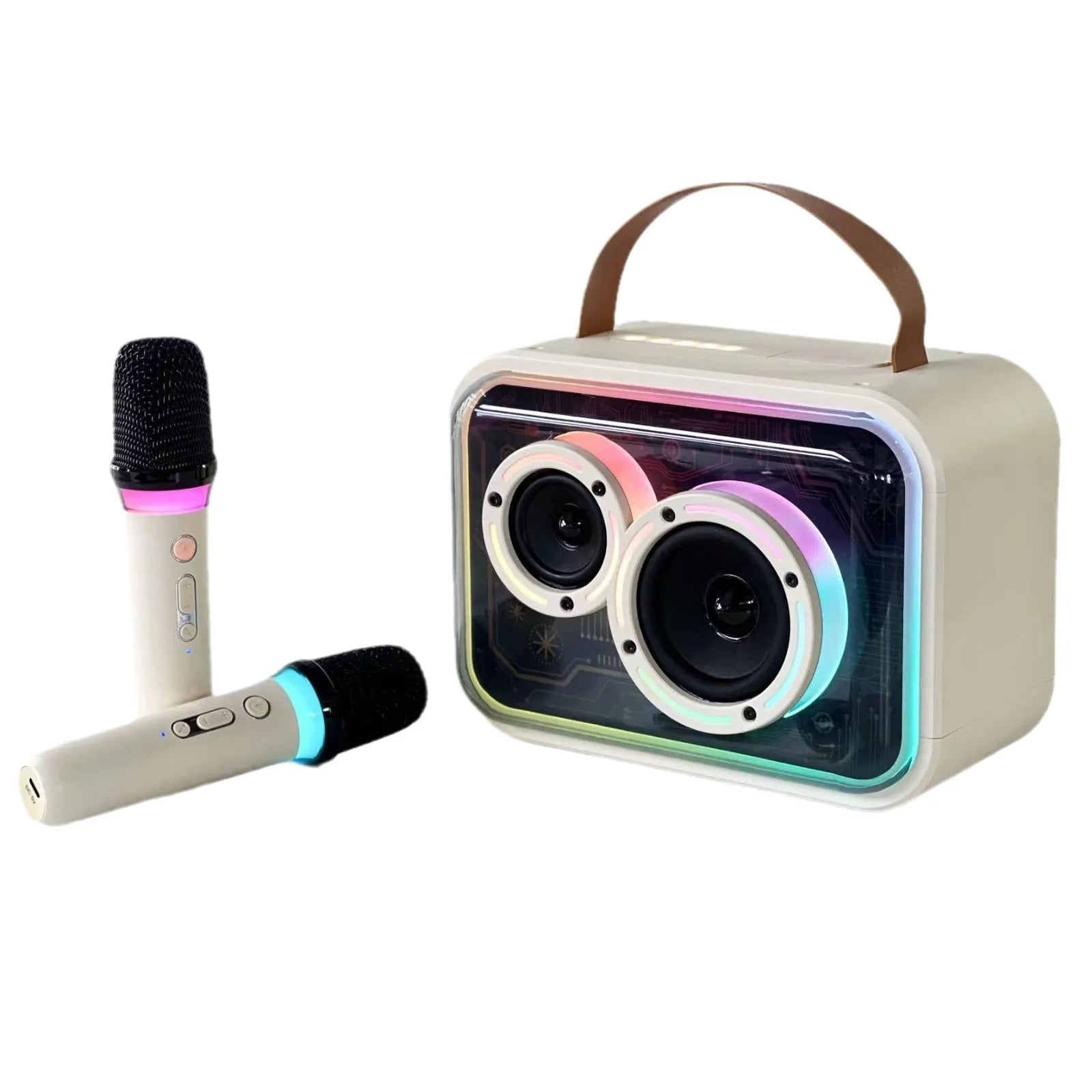 Light yellow portable Bluetooth speaker with RGB lighting and a wireless microphone on a table