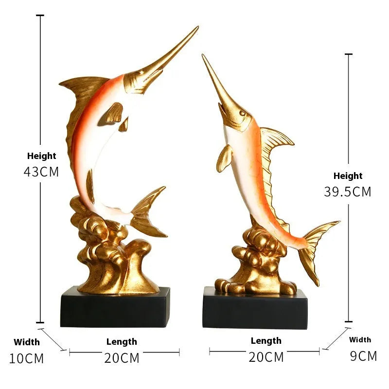 European-style resin swordfish decorative ornament in a choice of four colours on a shelf.