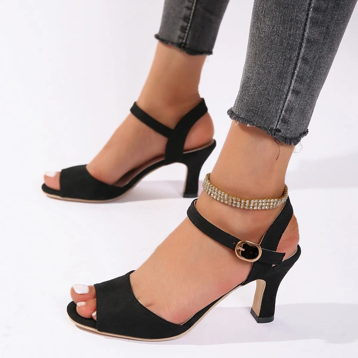 Women's high heel sandals with single buckle in suede and composite material, black upgraded version, sizes 35-43