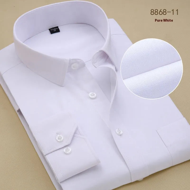 Men's black slim fit long sleeve business shirt made from cotton fabric.