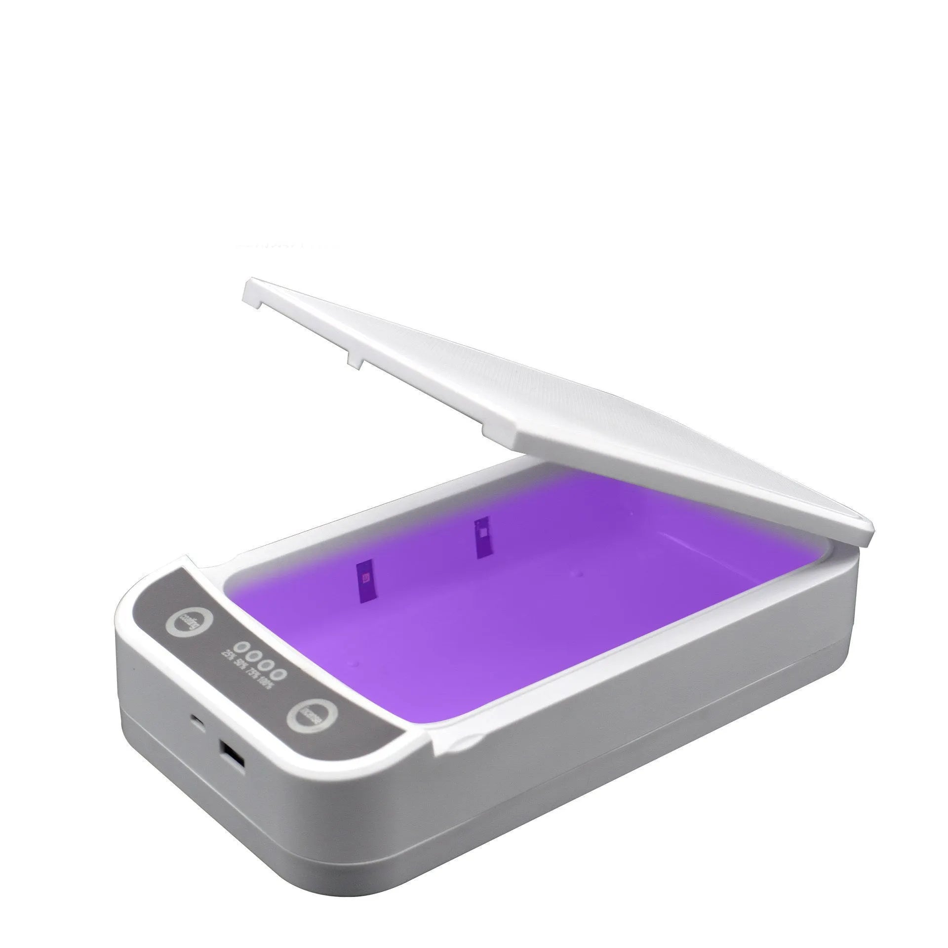 White UV disinfection box with internal chamber for sanitising mobile phones and small items.