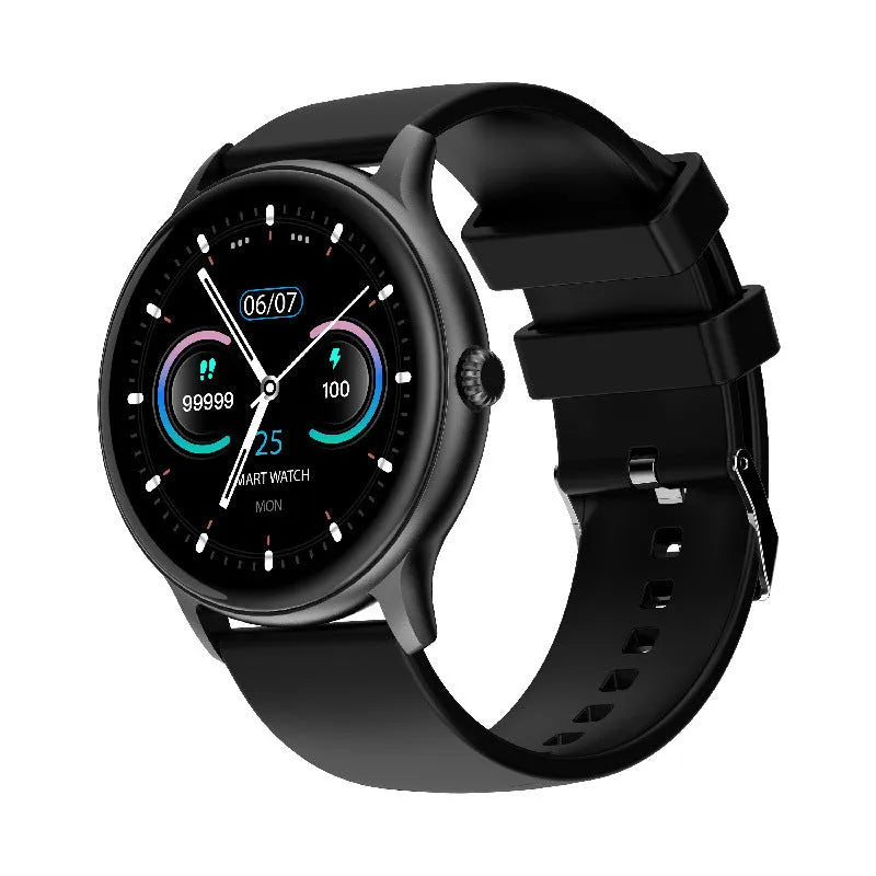 Black smart sports watch with circular screen displaying health stats on a silicone strap.