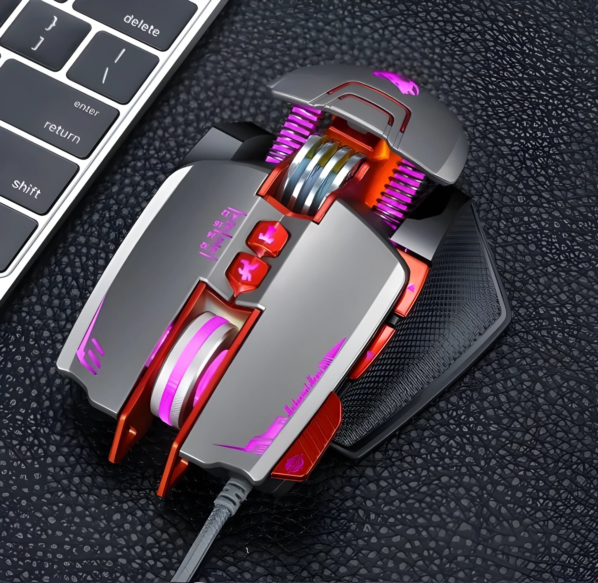 Black Thunder Wolf V9 wired gaming mouse with six buttons on a desk