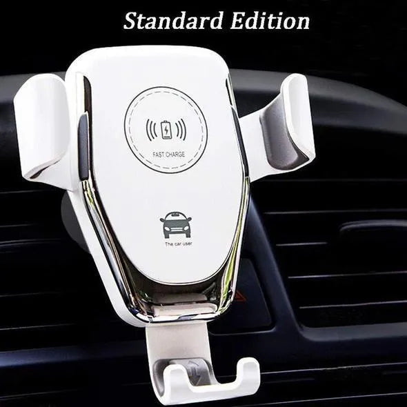 Car wireless charger mount with automatic clamp for Apple iPhones showing black and white colour options
