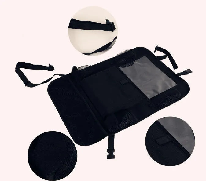 Two-pack car seat back hanging storage bags made from 600D Oxford cloth and mesh, 65 by 45 centimetres, with adjustable buckle fixing and matte leather zipper bags.