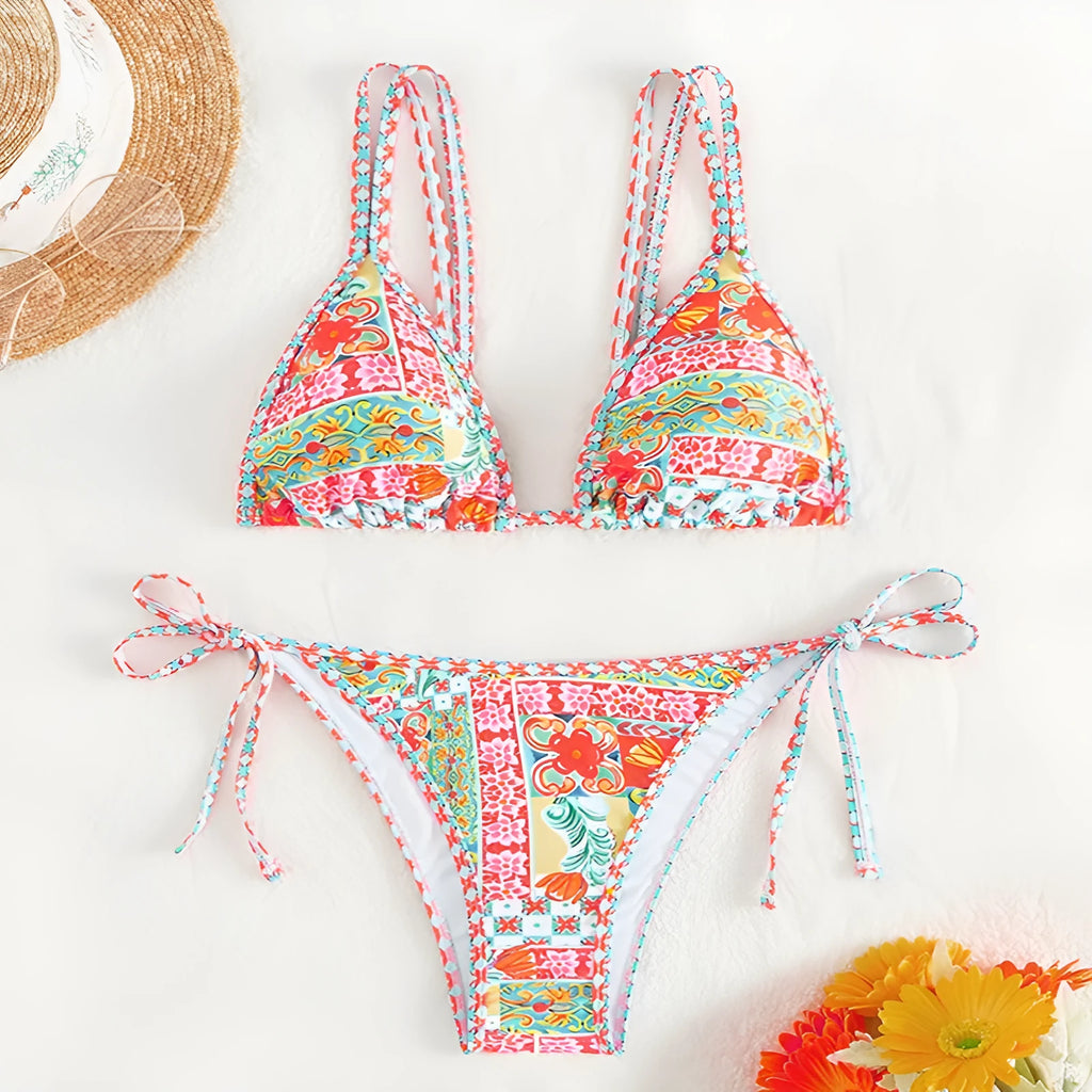 Women's backless lace-up split swimsuit bikini set in polyester spandex for swimming sports