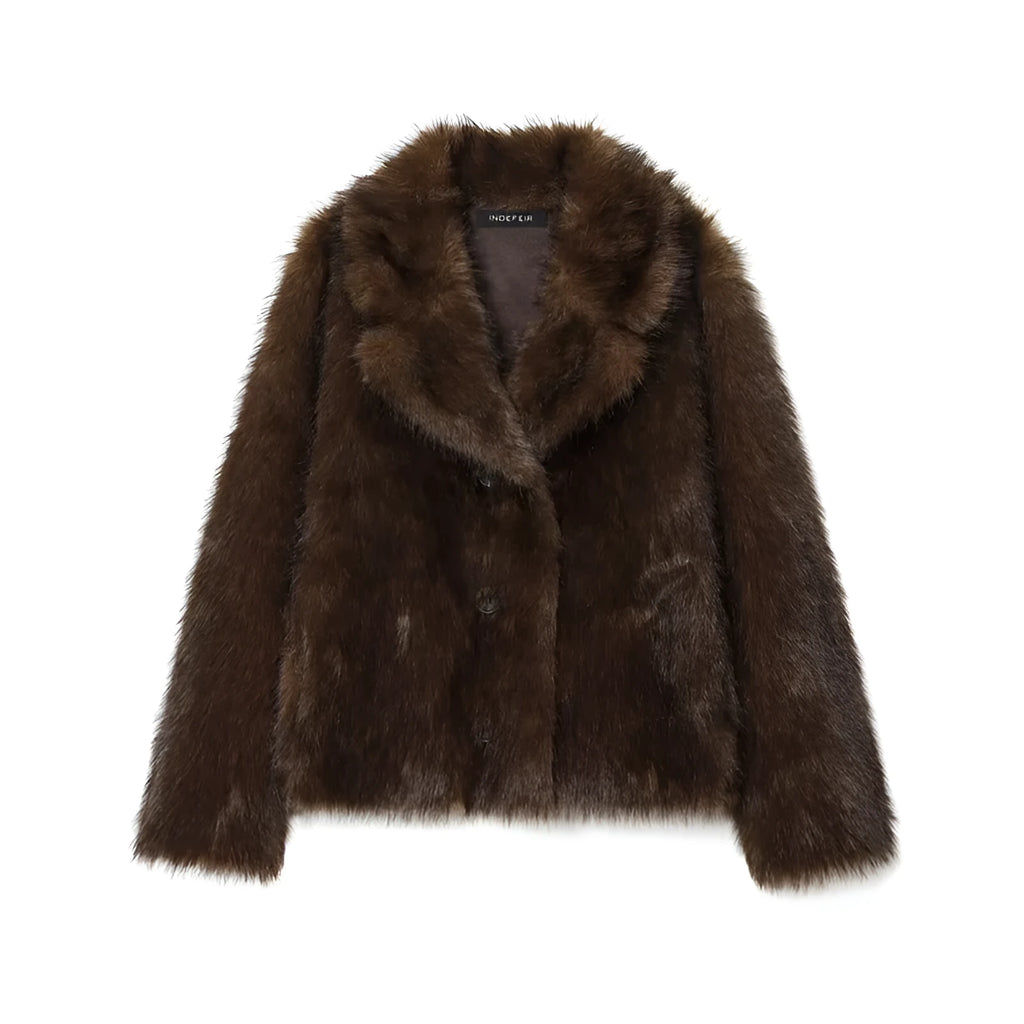 Women's brown double-sided faux fur jacket with fur collar and long sleeves, sizes XS to L, 50cm length