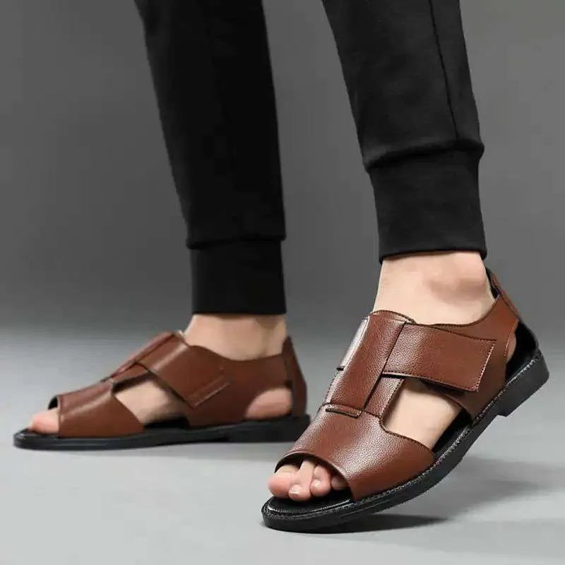 Men's black casual leather sandals with open toe design and rubber sole