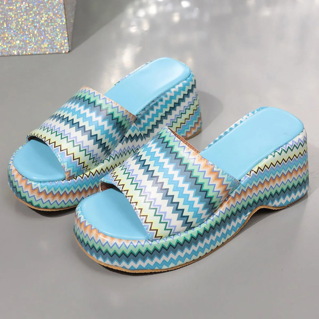 Women's wedge sandals with wave print design, fish mouth toe, and thick platform sole in beige, blue, pink colours