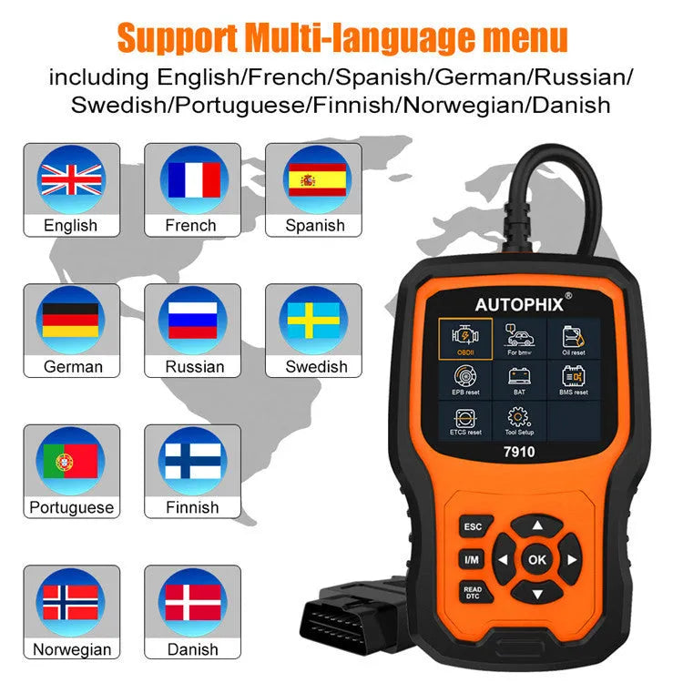 Autophix 7910 automotive diagnostic scanner for BMW vehicles with OBD2 connector.