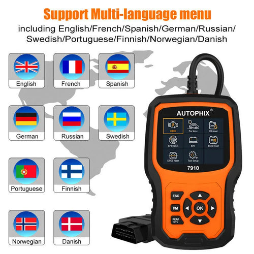 Autophix 7910 automotive diagnostic scanner for BMW vehicles with OBD2 connector.
