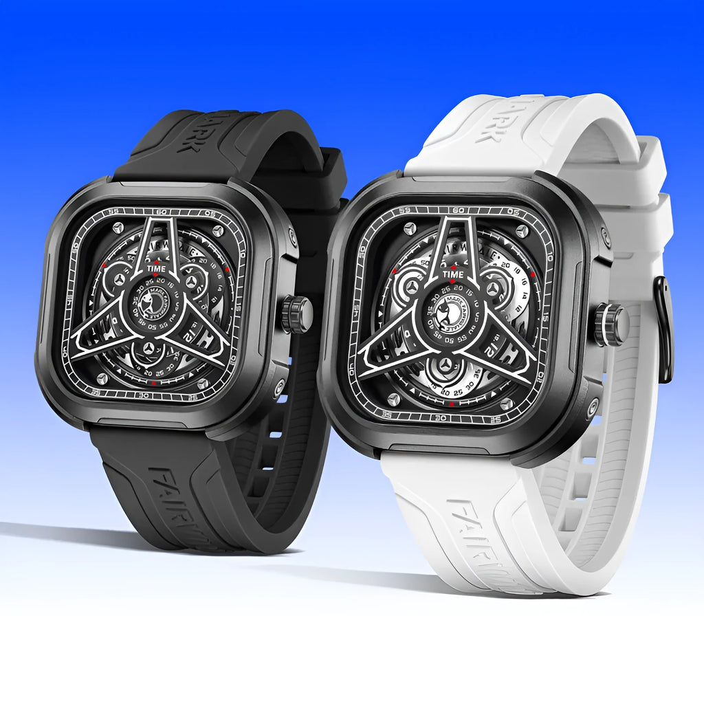 Men's waterproof luminous quartz watch with 44x44mm metal case and silicone strap in black