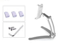Silver aluminium desktop tablet stand holding a tablet, showing its 360-degree adjustable head and mounting base.