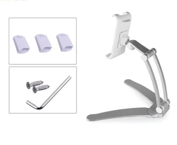 Silver aluminium desktop tablet stand holding a tablet, showing its 360-degree adjustable head and mounting base.