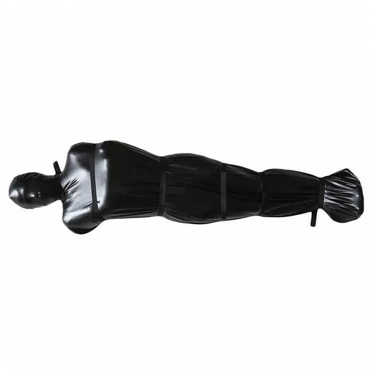 Black patent leather bondage set with full-coverage garment and six ratchet tie-down pieces