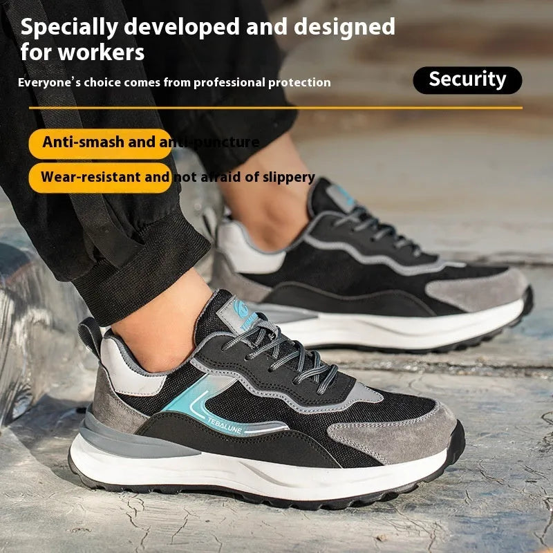 Men's black steel toe work shoes with breathable mesh panels and lace-up front